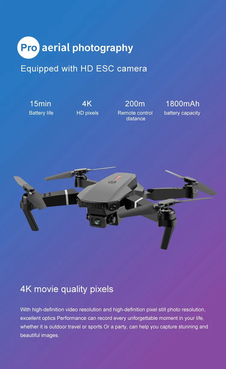 E88 Folding Drone Aerial Photos HD Quadrocopter Altitude Hold RC Aircraft with 4K Dual Cameras - Black-Cellmalls