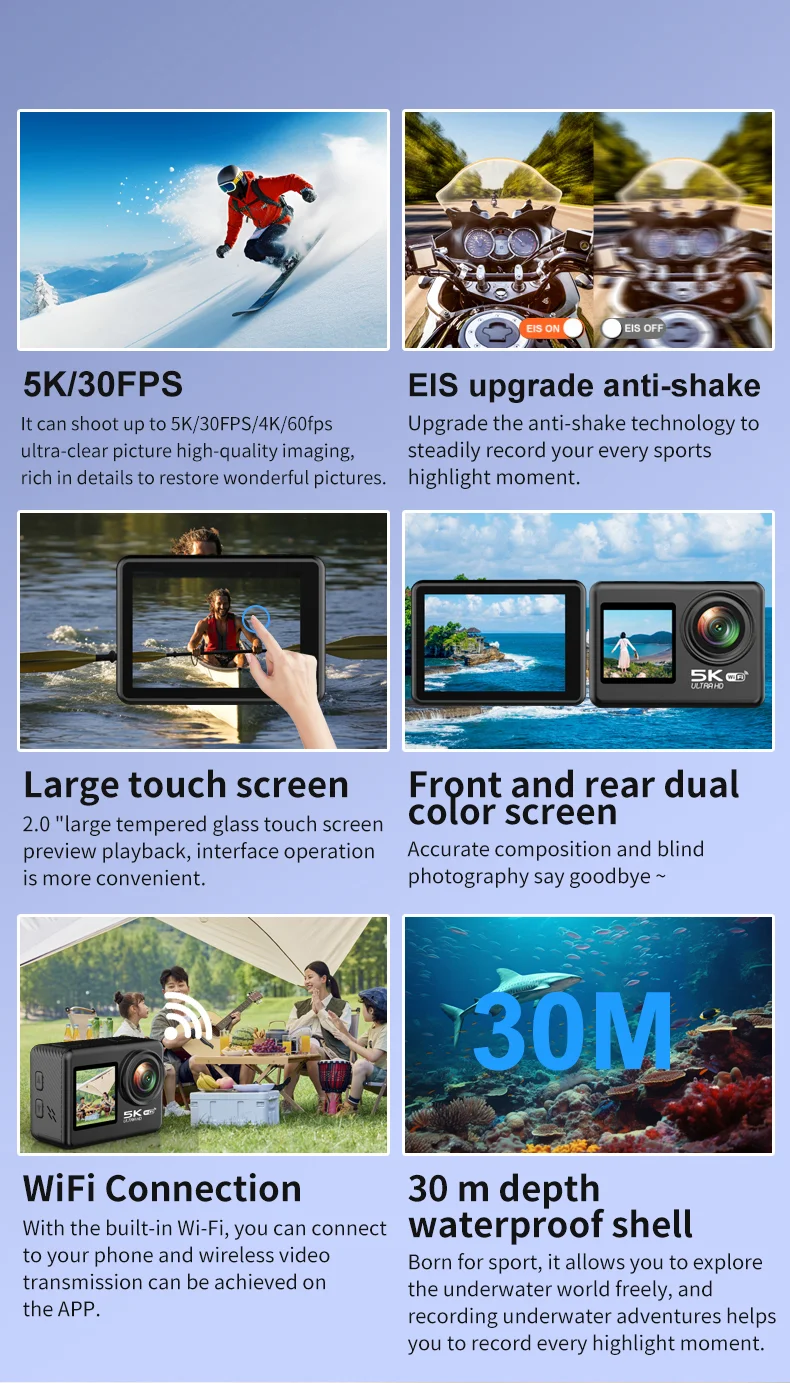 V5 5K WiFi EIS Anti-shake Action Camera 30m Waterproof Dual Screen Sports Camera-Cellmalls