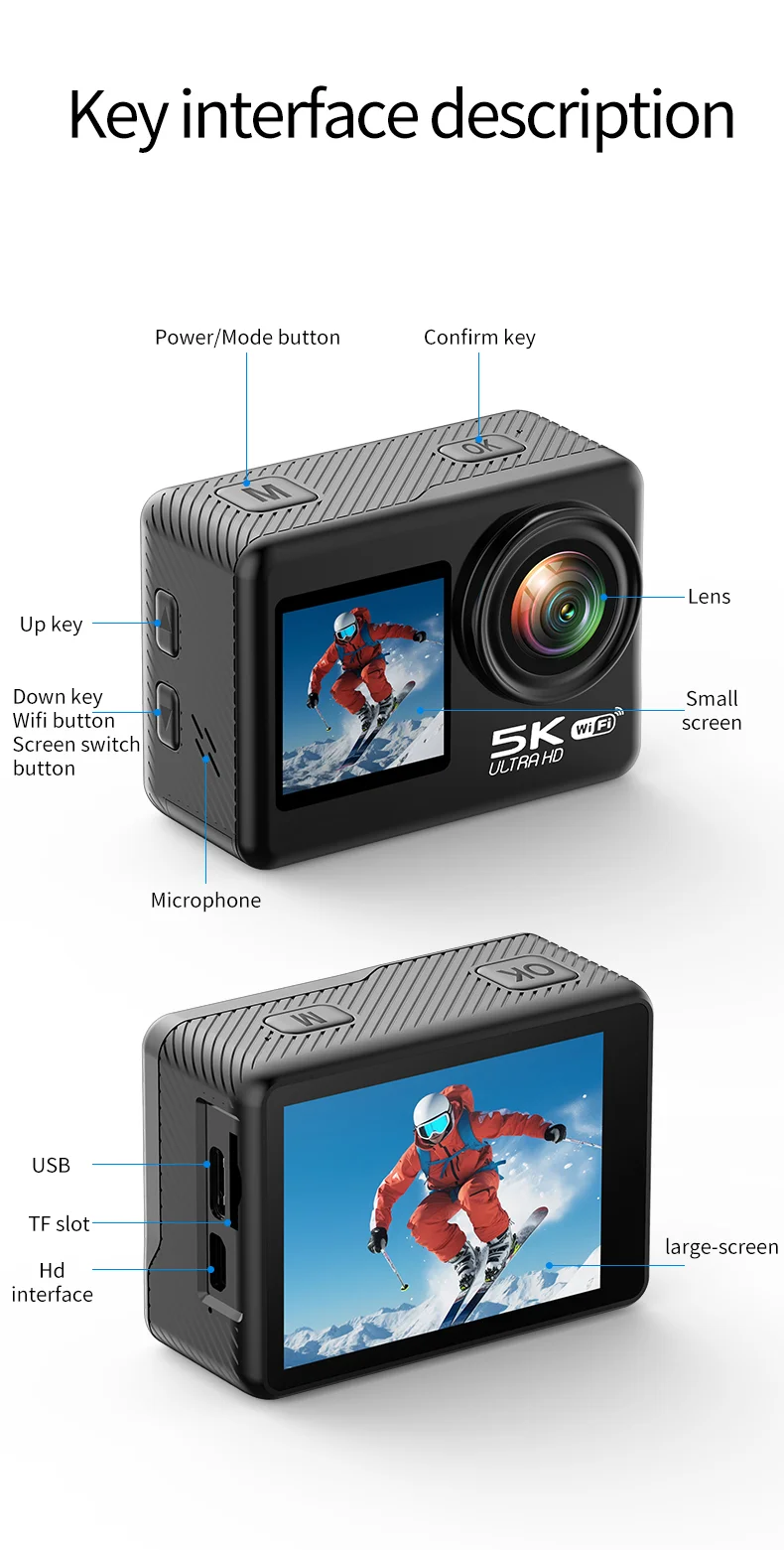 V5 5K WiFi EIS Anti-shake Action Camera 30m Waterproof Dual Screen Sports Camera-Cellmalls