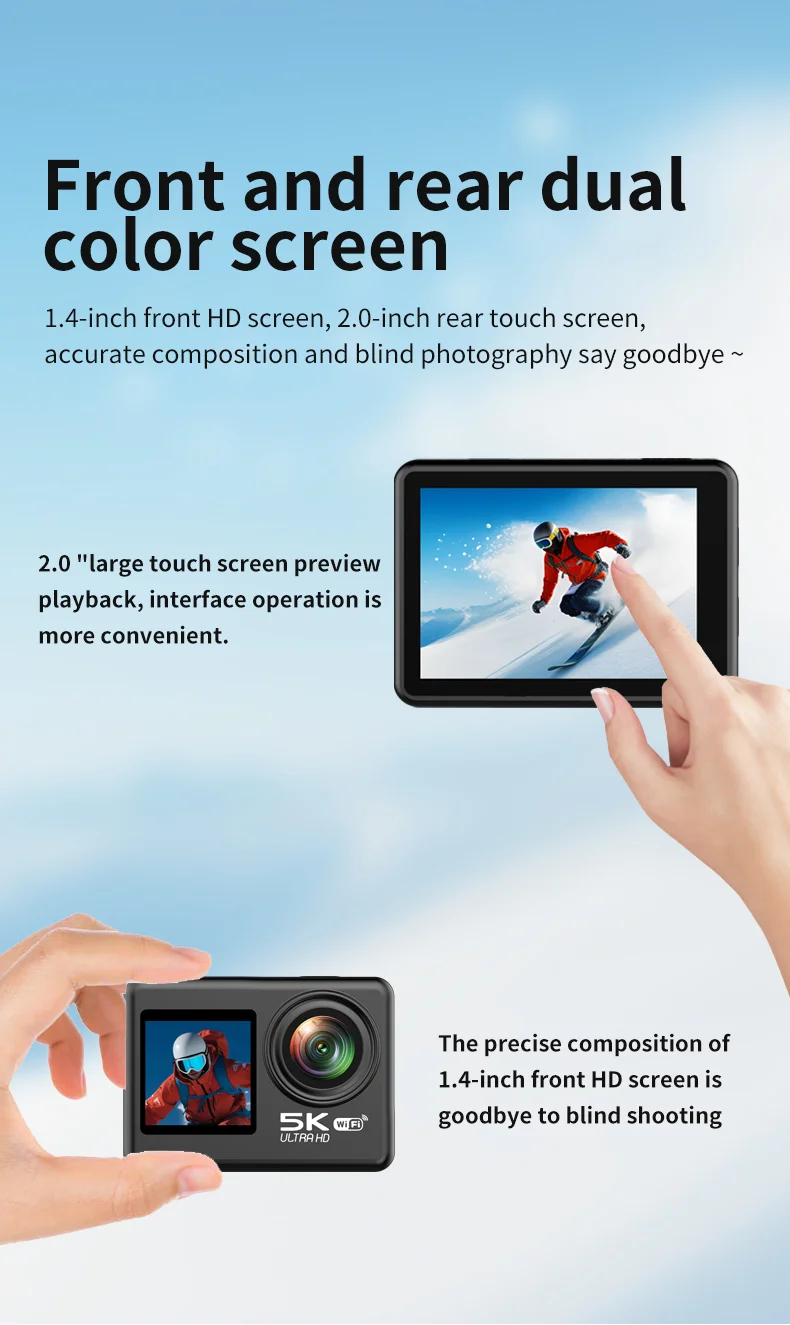 V5 5K WiFi EIS Anti-shake Action Camera 30m Waterproof Dual Screen Sports Camera-Cellmalls