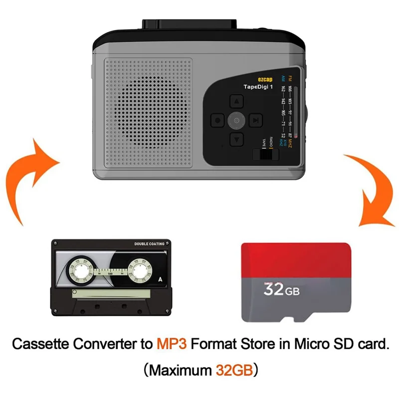 EZCAP 234 Cassette Tape to MP3 Save to TF Card Stereo Converter Cassette Tape Player AM / FM Radio-Cellmalls