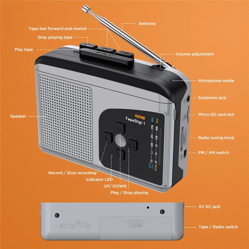 EZCAP 234 Cassette Tape to MP3 Save to TF Card Stereo Converter Cassette Tape Player AM / FM Radio-Cellmalls
