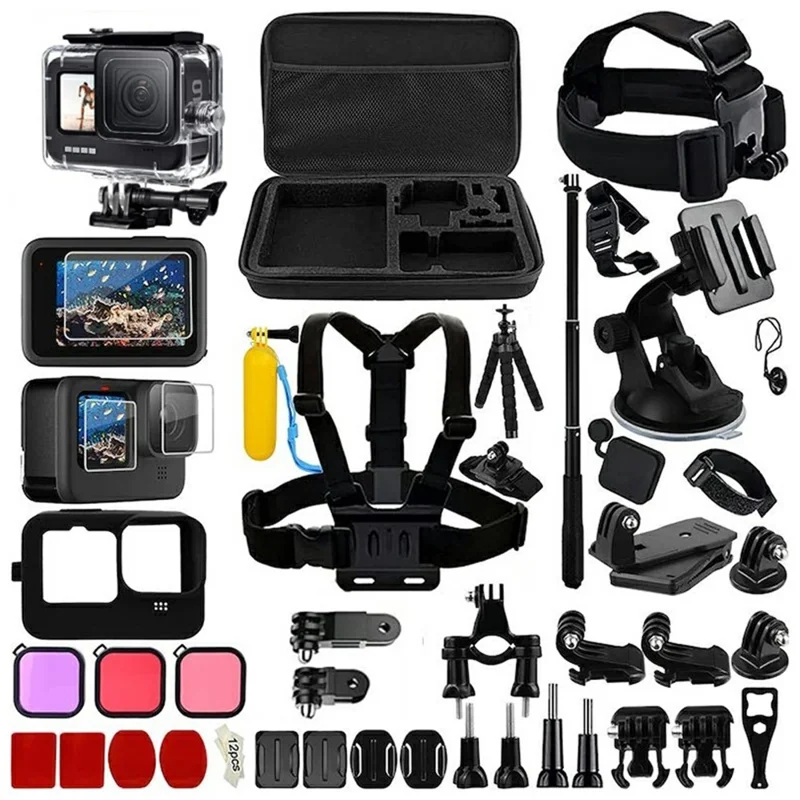 54-in-1 Accessories Kit for GoPro Hero 12 11 10 9 Waterproof Case Silicone Cover Tempered Glass Flim-Cellmalls