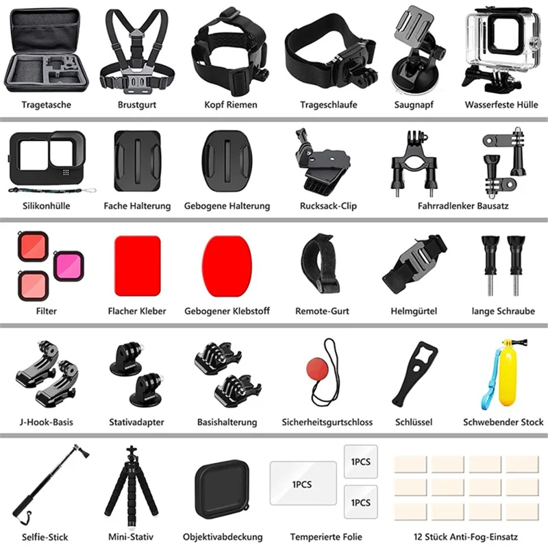 54-in-1 Accessories Kit for GoPro Hero 12 11 10 9 Waterproof Case Silicone Cover Tempered Glass Flim-Cellmalls
