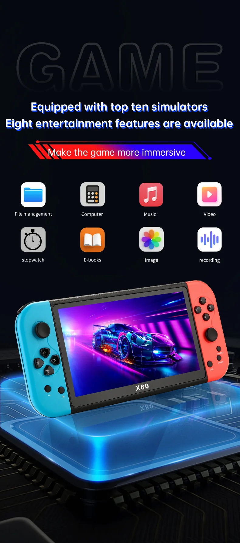 X80 7.0 inch HD Screen Handheld Game Console 20000 Games Video Game Console - Fluorescent Yellow-Cellmalls