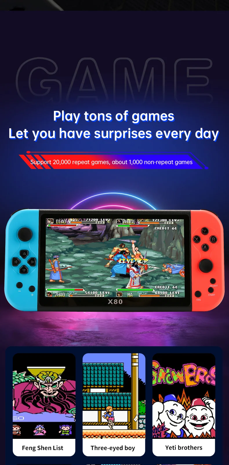 X80 7.0 inch HD Screen Handheld Game Console 20000 Games Video Game Console - Fluorescent Yellow-Cellmalls