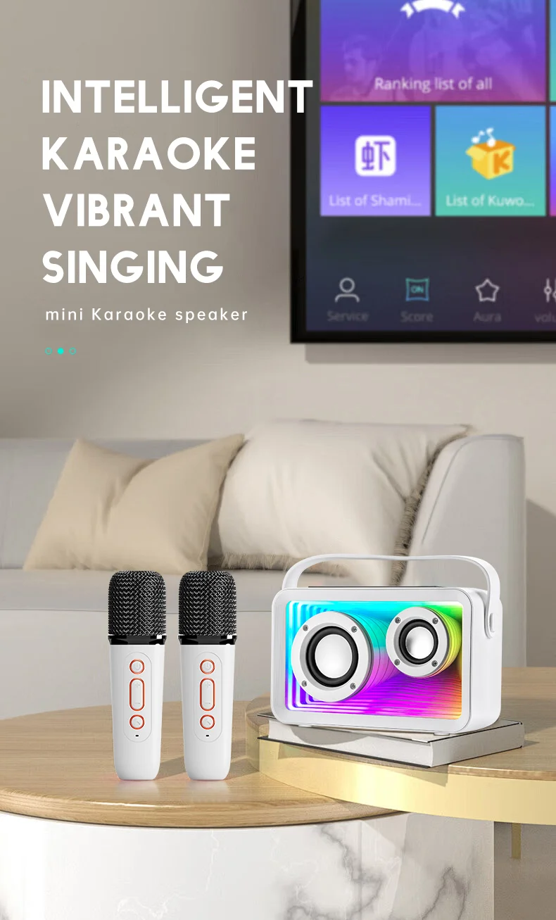 Y15 RGB Lighting Outdoor Mini Bluetooth-compatible Karaoke Speaker with 2 Microphones - Pink-Cellmalls