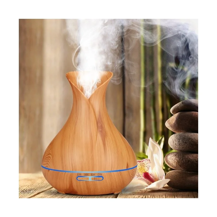 550ML Wood Grain Air Humidifier Vase Shape Mute Aroma Essential Oil Diffuser with Remote Control - Brown / EU Plug-Cellmalls