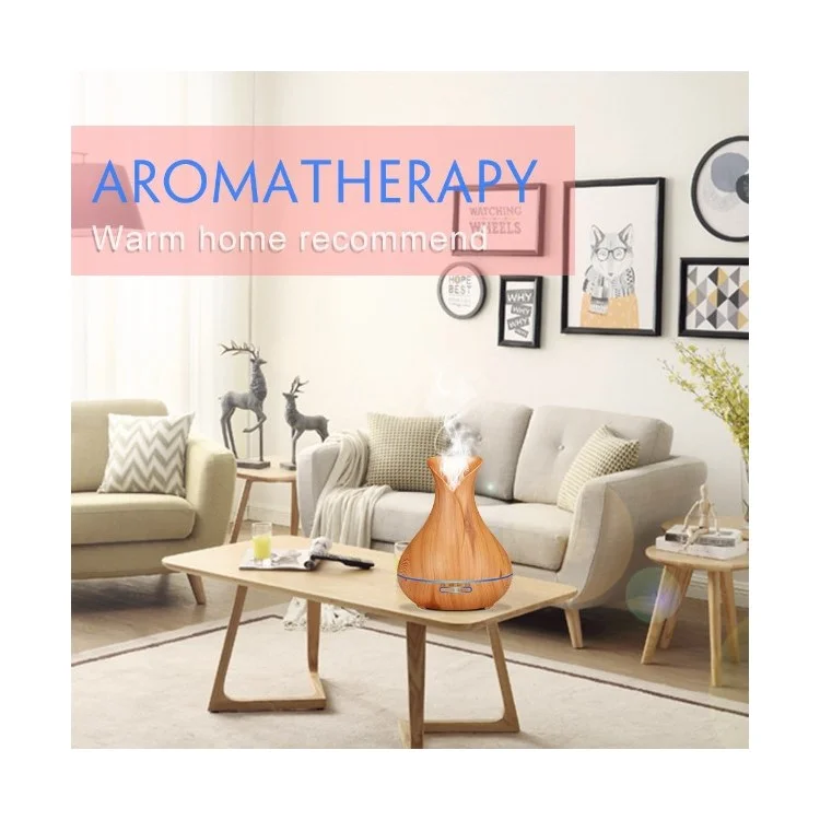550ML Wood Grain Air Humidifier Vase Shape Mute Aroma Essential Oil Diffuser with Remote Control - Brown / EU Plug-Cellmalls