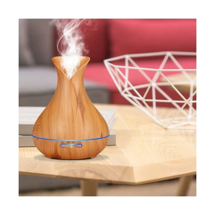 550ML Wood Grain Air Humidifier Vase Shape Mute Aroma Essential Oil Diffuser with Remote Control - Brown / EU Plug-Cellmalls
