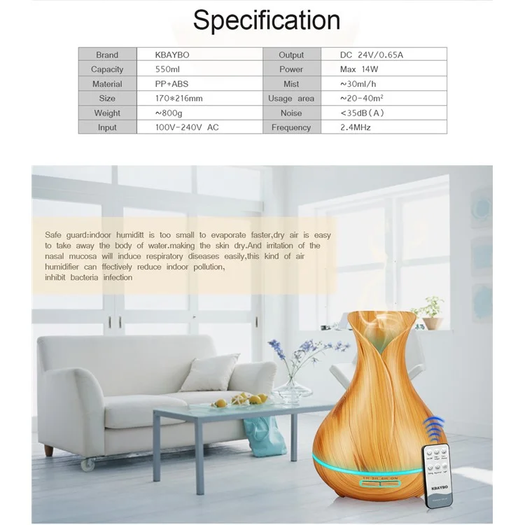 550ML Wood Grain Air Humidifier Vase Shape Mute Aroma Essential Oil Diffuser with Remote Control - Brown / EU Plug-Cellmalls