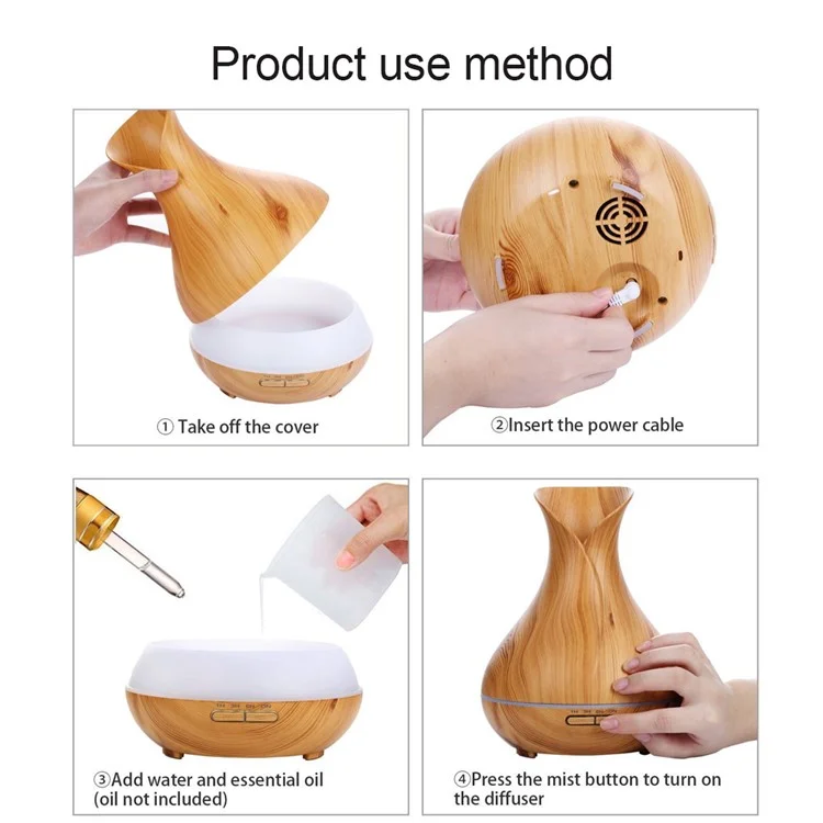 550ML Wood Grain Air Humidifier Vase Shape Mute Aroma Essential Oil Diffuser with Remote Control - Brown / EU Plug-Cellmalls