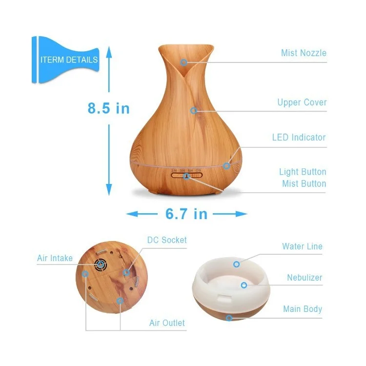 550ML Wood Grain Air Humidifier Vase Shape Mute Aroma Essential Oil Diffuser with Remote Control - Brown / EU Plug-Cellmalls
