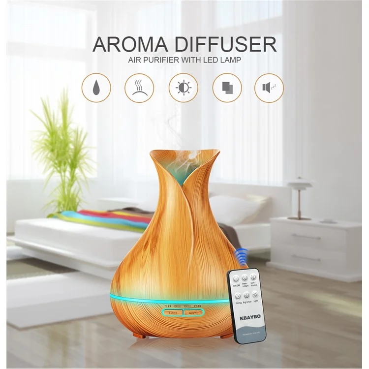 550ML Wood Grain Air Humidifier Vase Shape Mute Aroma Essential Oil Diffuser with Remote Control - Brown / EU Plug-Cellmalls