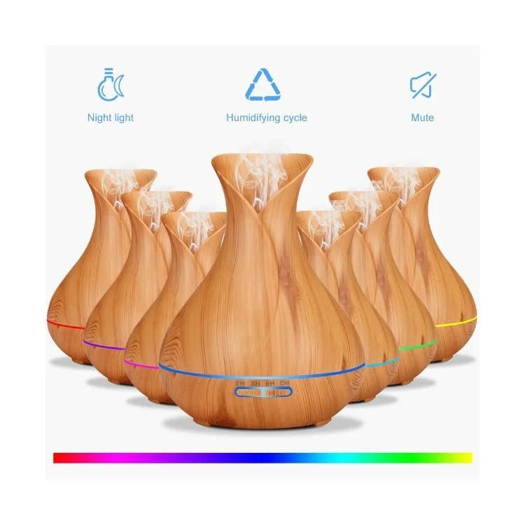 550ML Wood Grain Air Humidifier Vase Shape Mute Aroma Essential Oil Diffuser with Remote Control - Brown / EU Plug-Cellmalls