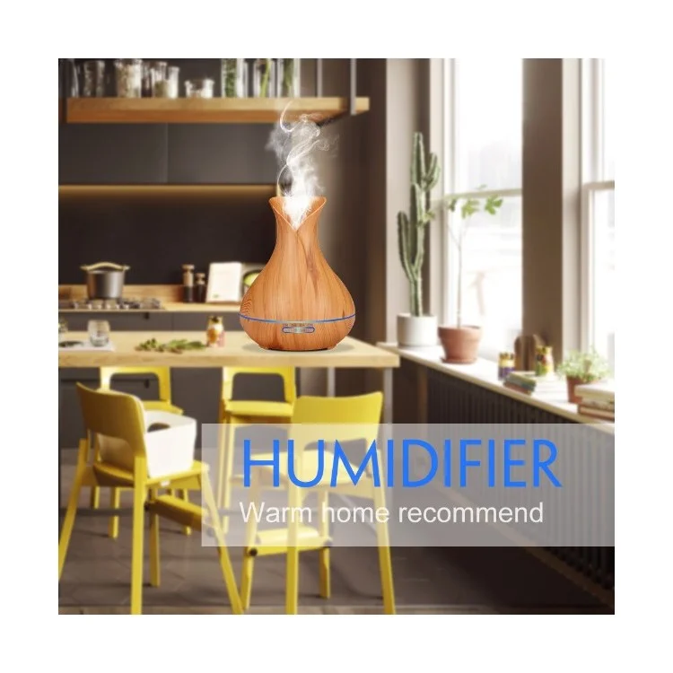 550ML Wood Grain Air Humidifier Vase Shape Mute Aroma Essential Oil Diffuser with Remote Control - Brown / EU Plug-Cellmalls