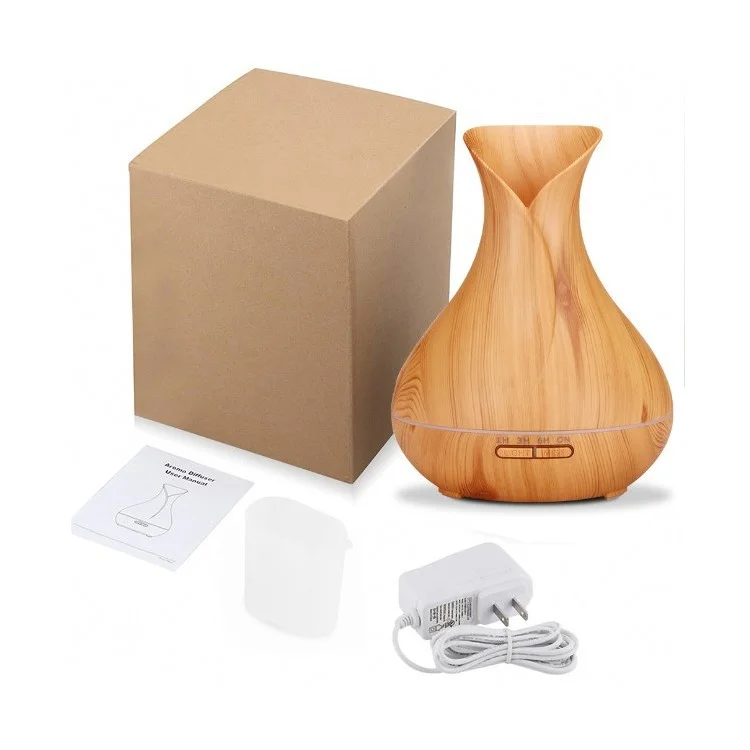 550ML Wood Grain Air Humidifier Vase Shape Mute Aroma Essential Oil Diffuser with Remote Control - Brown / EU Plug-Cellmalls