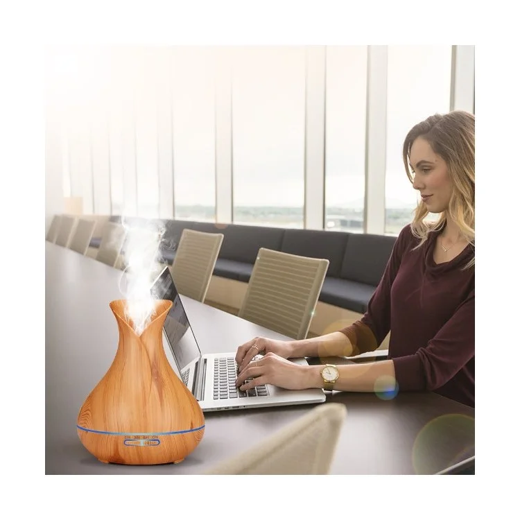 550ML Wood Grain Air Humidifier Vase Shape Mute Aroma Essential Oil Diffuser with Remote Control - Brown / EU Plug-Cellmalls
