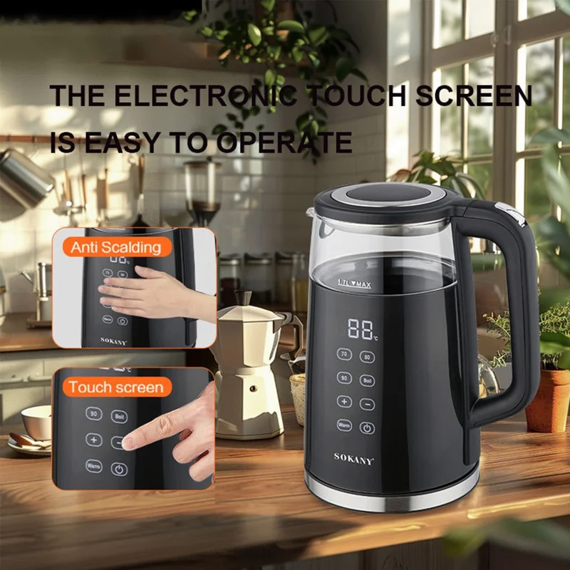 SOKANY 09050 Electric Kettle 1.7L Touch Screen Temperature Control Water Boiler (BPA Free, No FDA) - EU Plug-Cellmalls