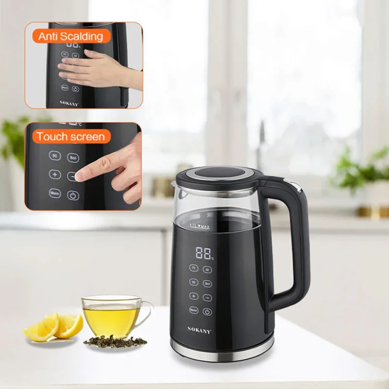 SOKANY 09050 Electric Kettle 1.7L Touch Screen Temperature Control Water Boiler (BPA Free, No FDA) - EU Plug-Cellmalls