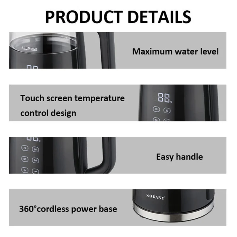 SOKANY 09050 Electric Kettle 1.7L Touch Screen Temperature Control Water Boiler (BPA Free, No FDA) - EU Plug-Cellmalls