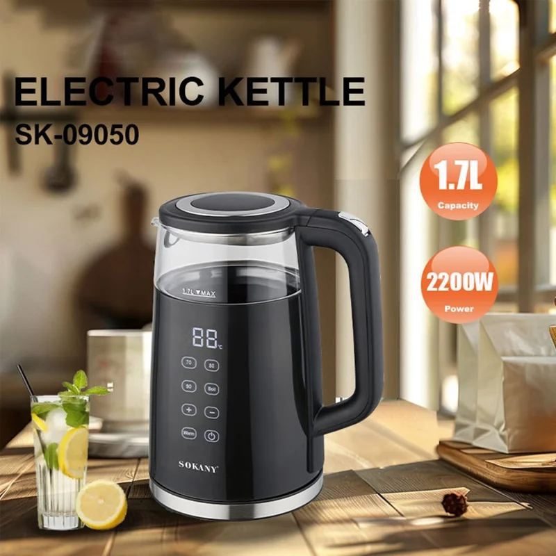 SOKANY 09050 Electric Kettle 1.7L Touch Screen Temperature Control Water Boiler (BPA Free, No FDA) - EU Plug-Cellmalls