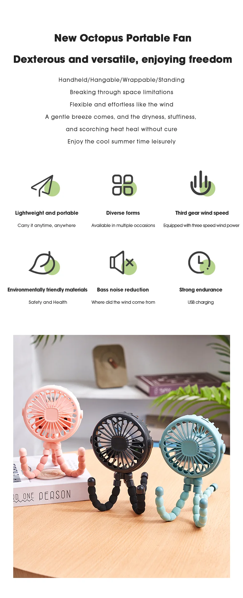 Portable Baby Stroller Octopus Fan USB Rechargeable Flexible Legs 3 Wind Speed Summer Cooling Fan - Blue-Cellmalls