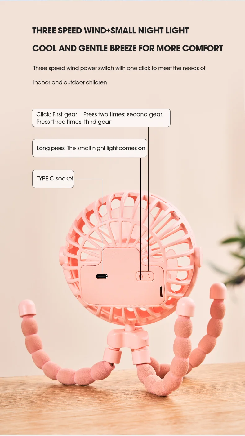Portable Baby Stroller Octopus Fan USB Rechargeable Flexible Legs 3 Wind Speed Summer Cooling Fan - Blue-Cellmalls