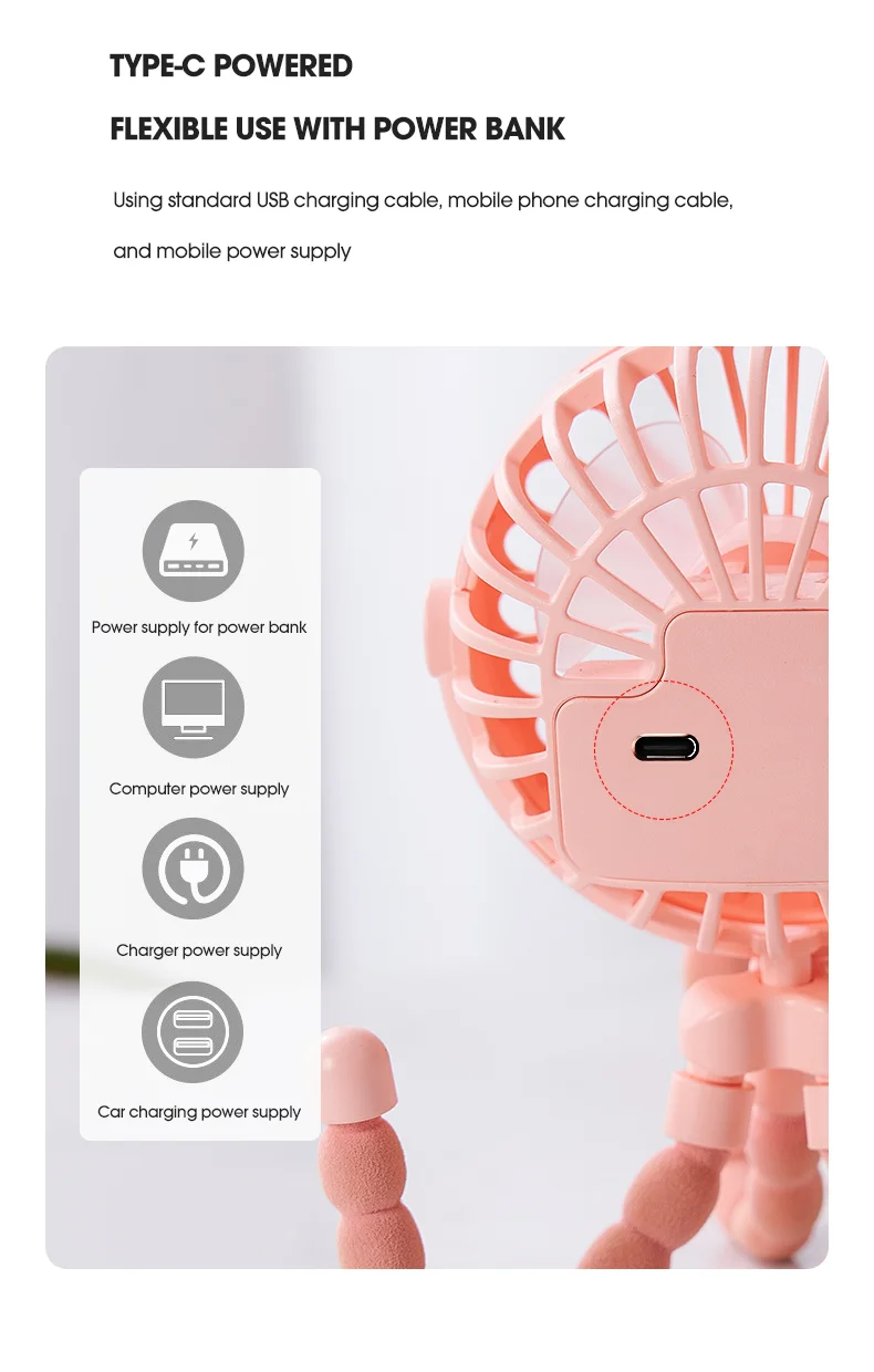 Portable Baby Stroller Octopus Fan USB Rechargeable Flexible Legs 3 Wind Speed Summer Cooling Fan - Blue-Cellmalls