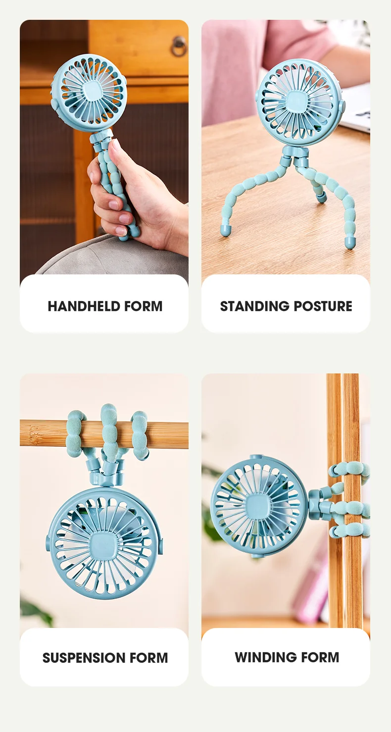 Portable Baby Stroller Octopus Fan USB Rechargeable Flexible Legs 3 Wind Speed Summer Cooling Fan - Blue-Cellmalls