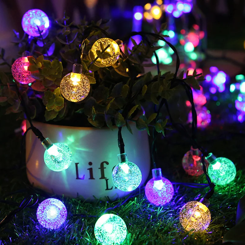 12m 100-LED Solar Powered Crystal Bubble Ball String Lights with 8 Modes - White Light / 23mm Diameter-Cellmalls