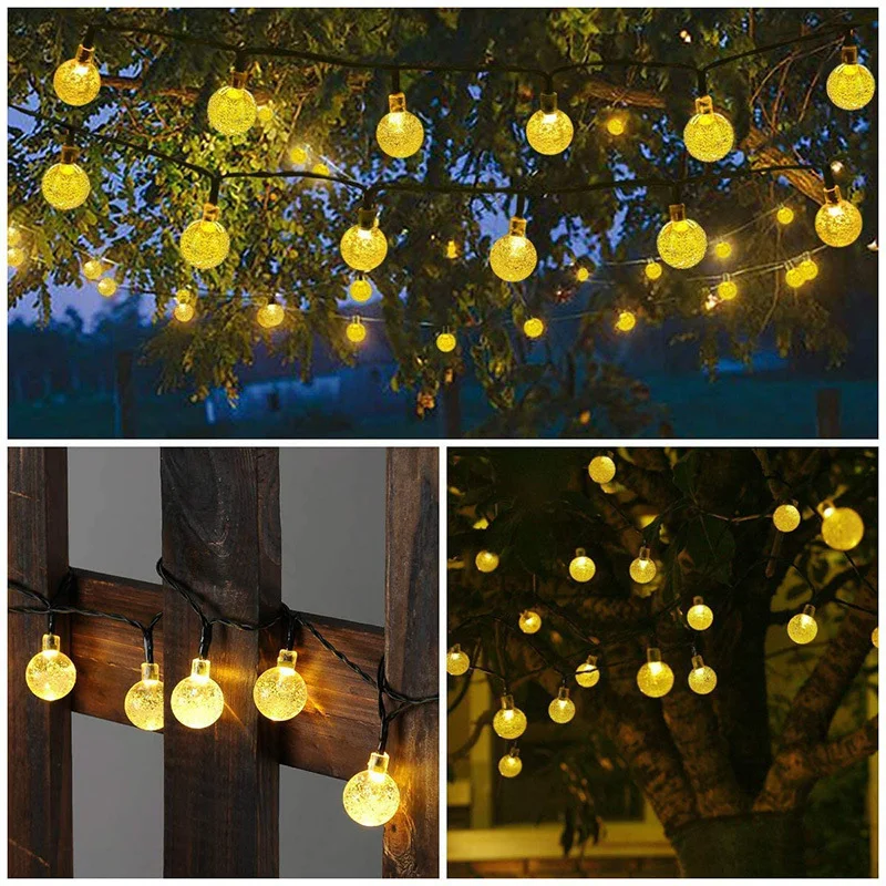 12m 100-LED Solar Powered Crystal Bubble Ball String Lights with 8 Modes - White Light / 23mm Diameter-Cellmalls
