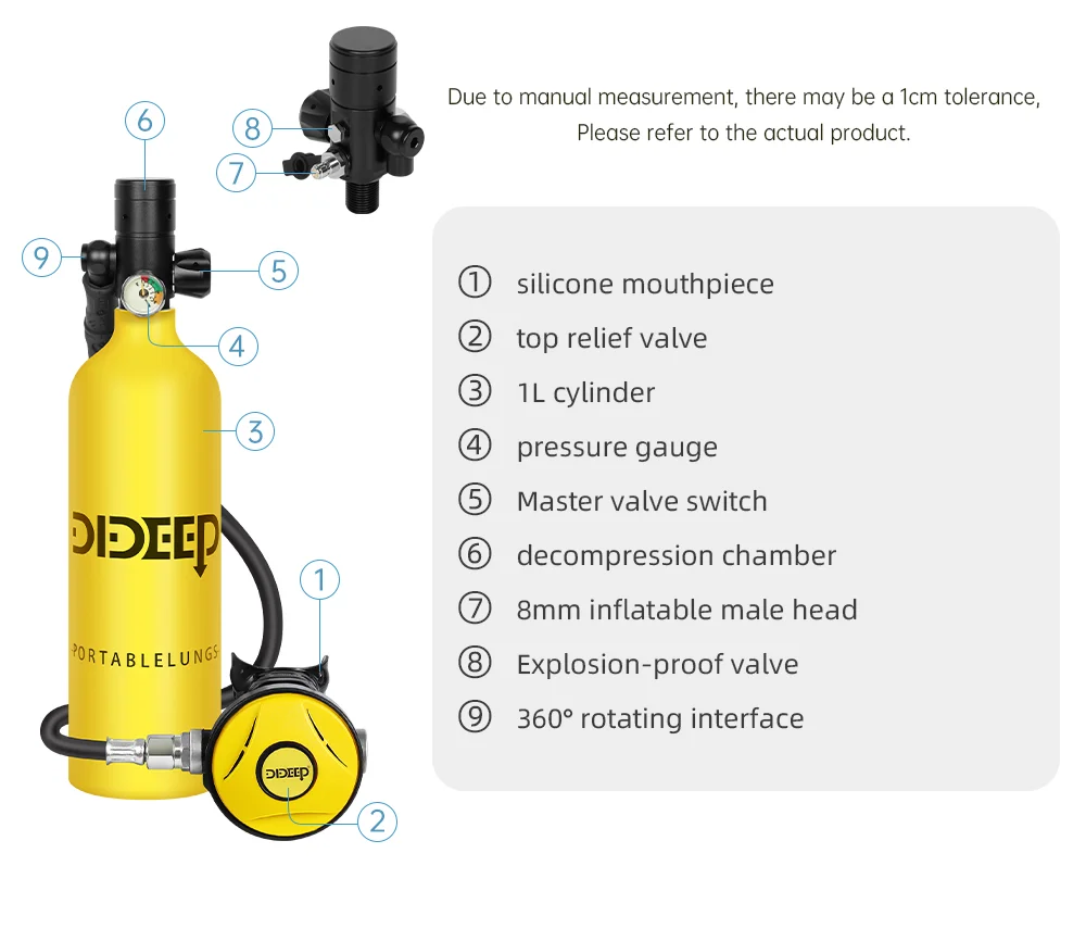 DIDEEP X4000Pro 1L Scuba Diving Tank with Vest, Diving Goggles - Yellow / Silver-Cellmalls