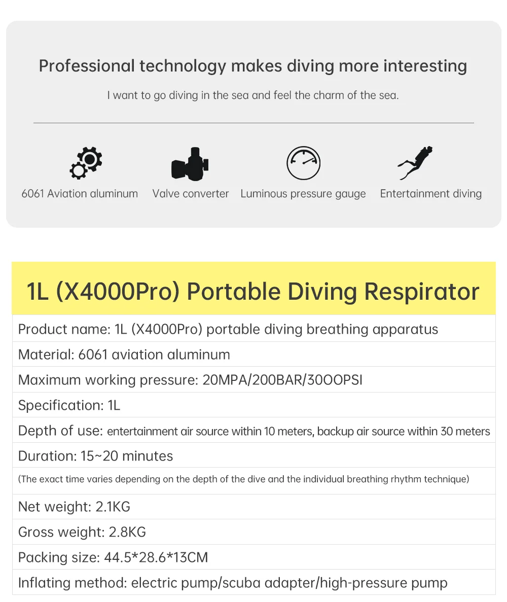 DIDEEP X4000Pro 1L Scuba Diving Tank with Vest, Diving Goggles - Yellow / Silver-Cellmalls