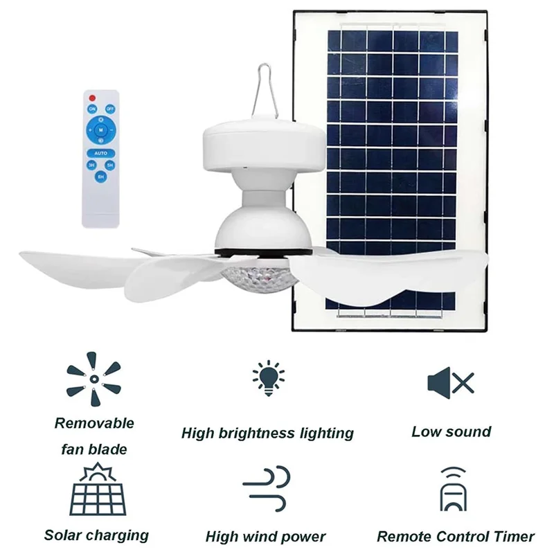 3 Levels Dimmable Solar Powered Fan Light for Outdoor Camping Remote Control Hanging Ceiling Fan-Cellmalls