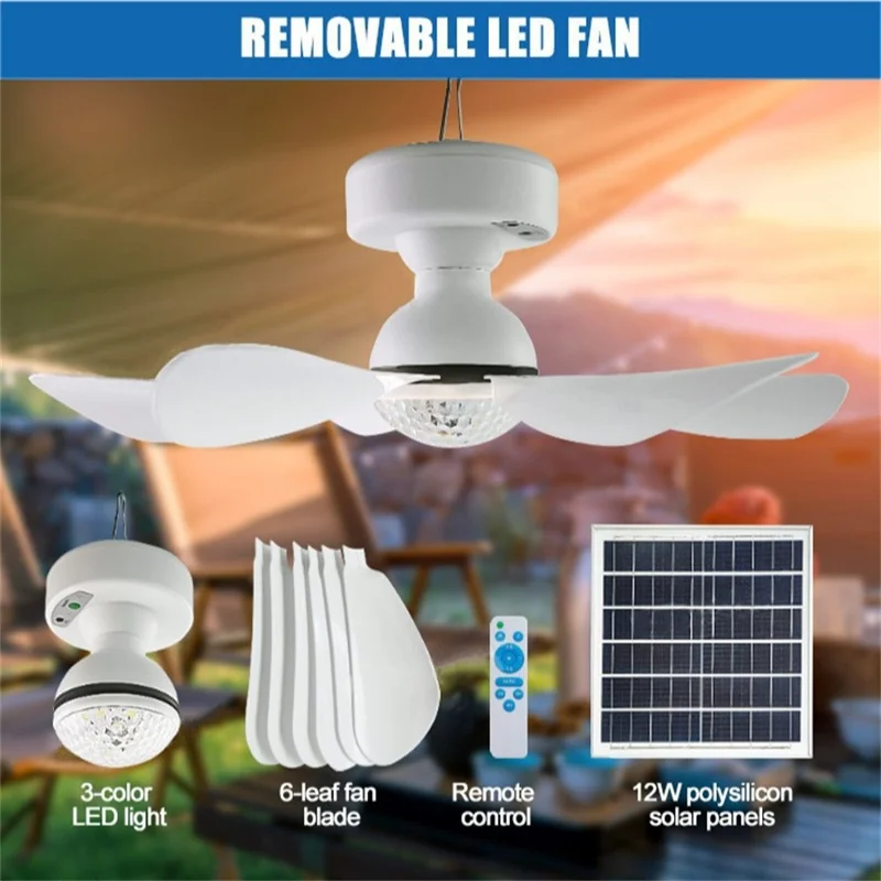 3 Levels Dimmable Solar Powered Fan Light for Outdoor Camping Remote Control Hanging Ceiling Fan-Cellmalls