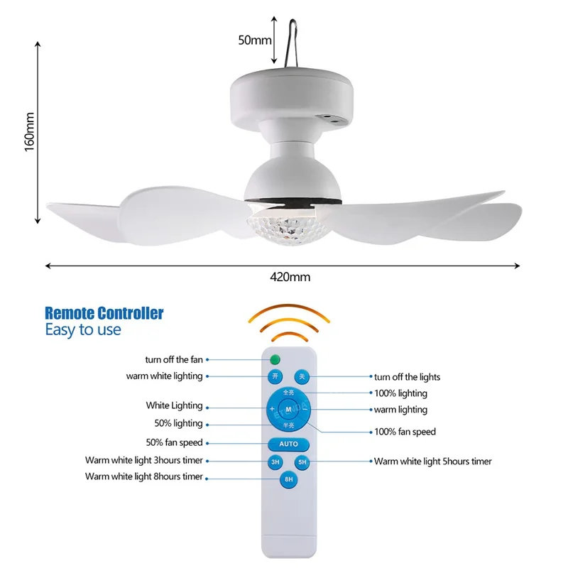 3 Levels Dimmable Solar Powered Fan Light for Outdoor Camping Remote Control Hanging Ceiling Fan-Cellmalls