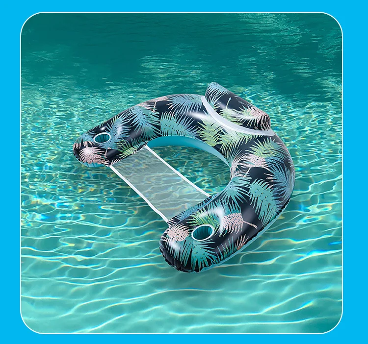 115 x 85cm Leaves Print Swimming Pool Inflatable Float Chair Thick PVC Foldable Water Lounge Seat - Light Color-Cellmalls