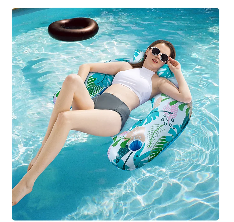 115 x 85cm Leaves Print Swimming Pool Inflatable Float Chair Thick PVC Foldable Water Lounge Seat - Light Color-Cellmalls
