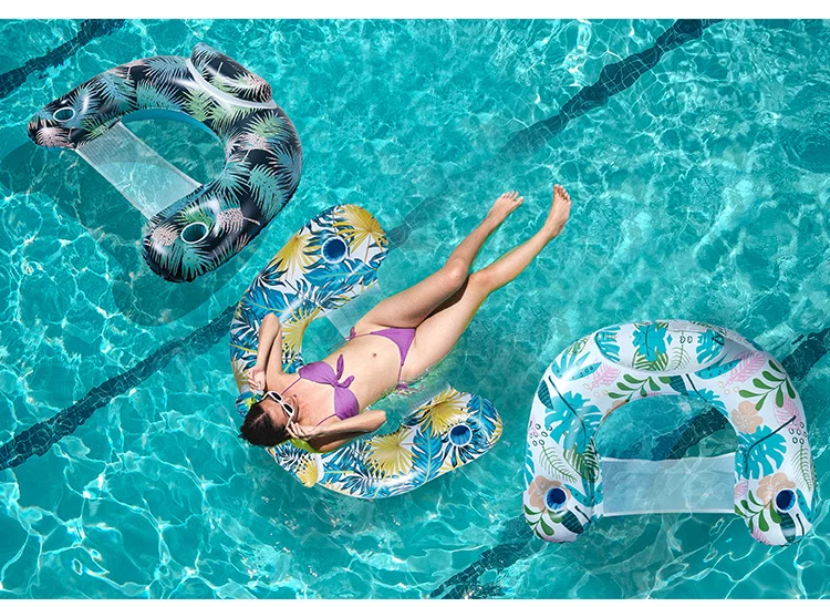 115 x 85cm Leaves Print Swimming Pool Inflatable Float Chair Thick PVC Foldable Water Lounge Seat - Light Color-Cellmalls