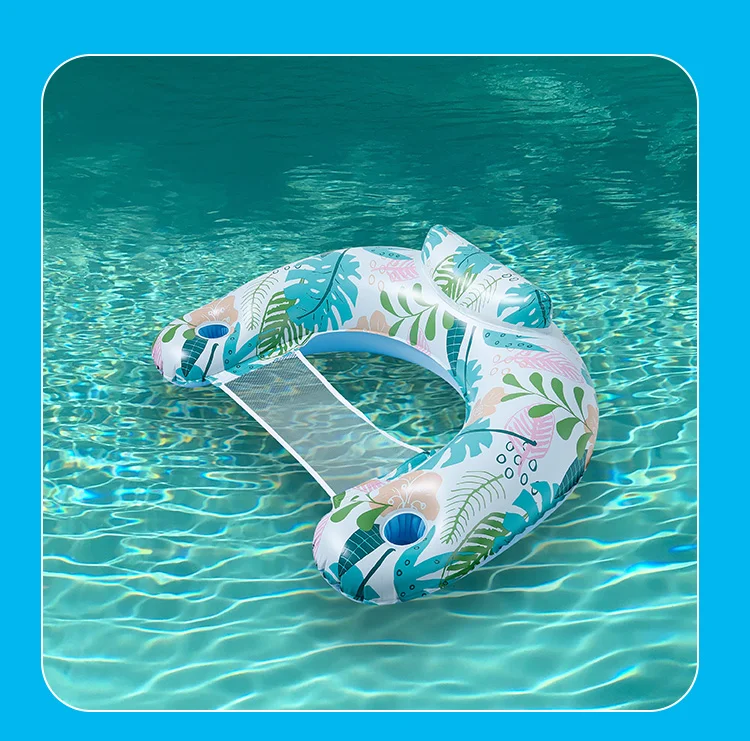 115 x 85cm Leaves Print Swimming Pool Inflatable Float Chair Thick PVC Foldable Water Lounge Seat - Light Color-Cellmalls