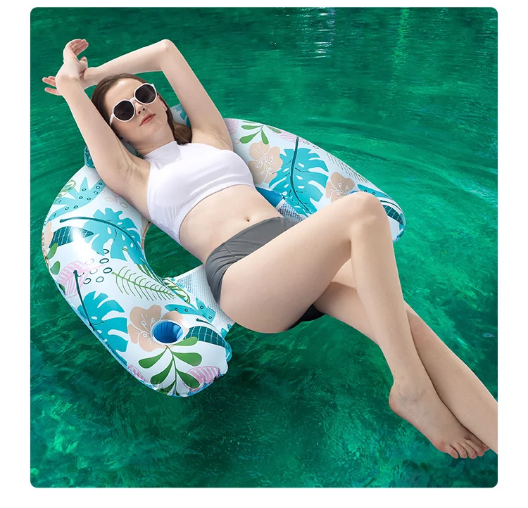 115 x 85cm Leaves Print Swimming Pool Inflatable Float Chair Thick PVC Foldable Water Lounge Seat - Light Color-Cellmalls