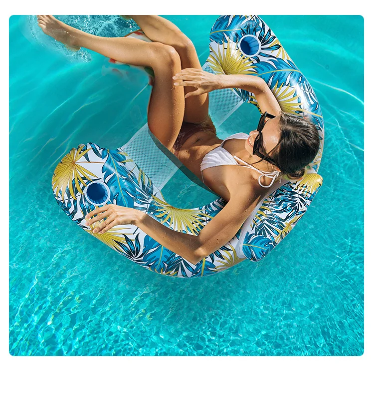 115 x 85cm Leaves Print Swimming Pool Inflatable Float Chair Thick PVC Foldable Water Lounge Seat - Light Color-Cellmalls
