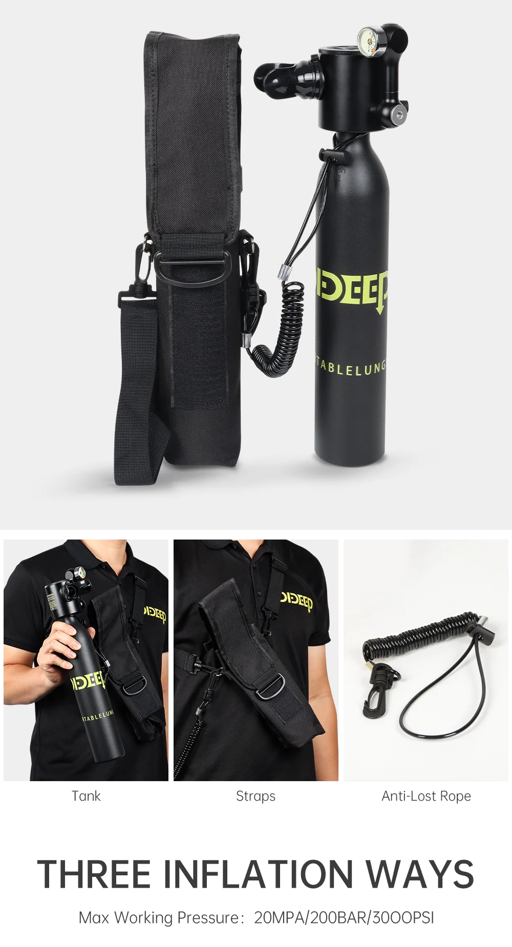 DIDEEP X3000Pro 5-10 Mins Diving 0.5L Mini Lung Air Tank Kit Set with High Pressure Pump + Anti-Lost Lanyard, Style C - Black-Cellmalls