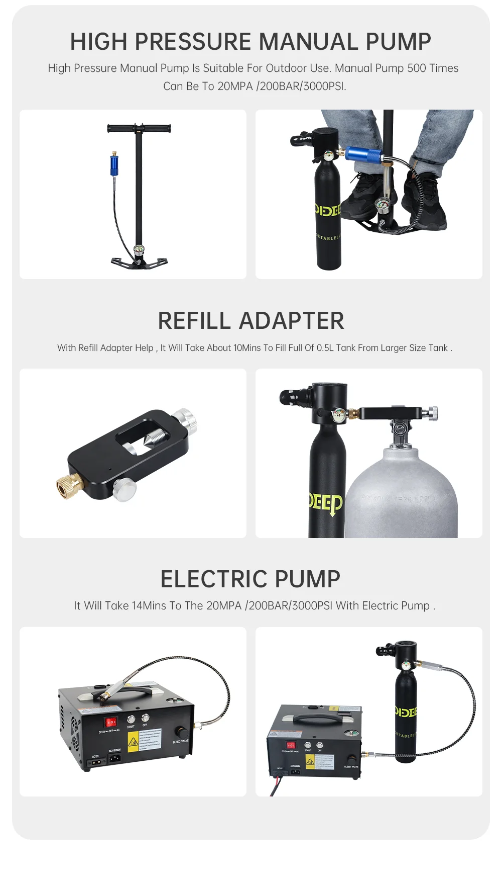 DIDEEP X3000Pro 5-10 Mins Diving 0.5L Mini Lung Air Tank Kit Set with High Pressure Pump + Anti-Lost Lanyard, Style C - Black-Cellmalls