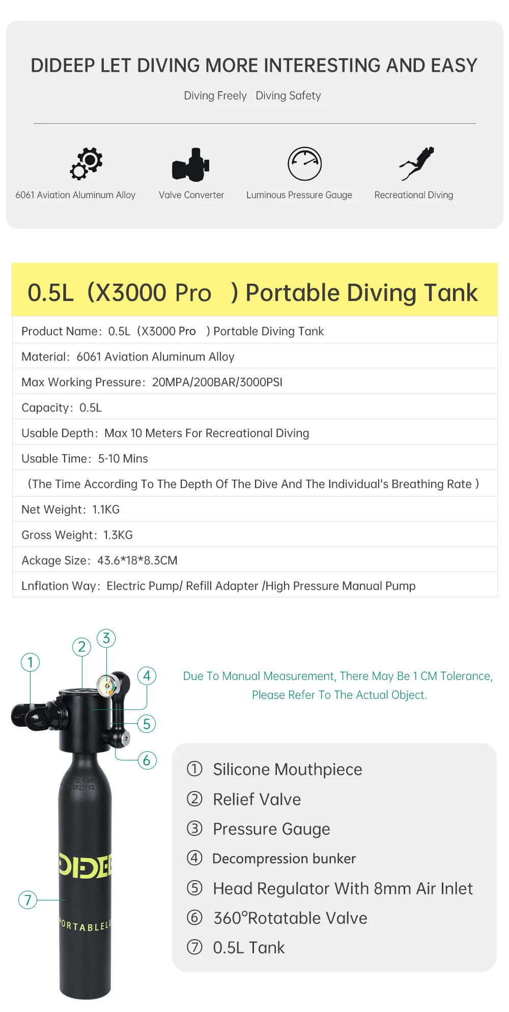 DIDEEP X3000Pro 5-10 Mins Diving 0.5L Mini Lung Air Tank Kit Set with High Pressure Pump + Anti-Lost Lanyard, Style C - Black-Cellmalls