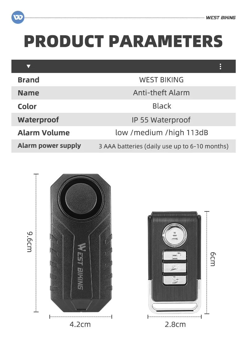 WEST BIKING YP0706052 Wireless Bicycle Alarm Bike Scooter Remote Control Anti-theft Loud Sound Alarm-Cellmalls