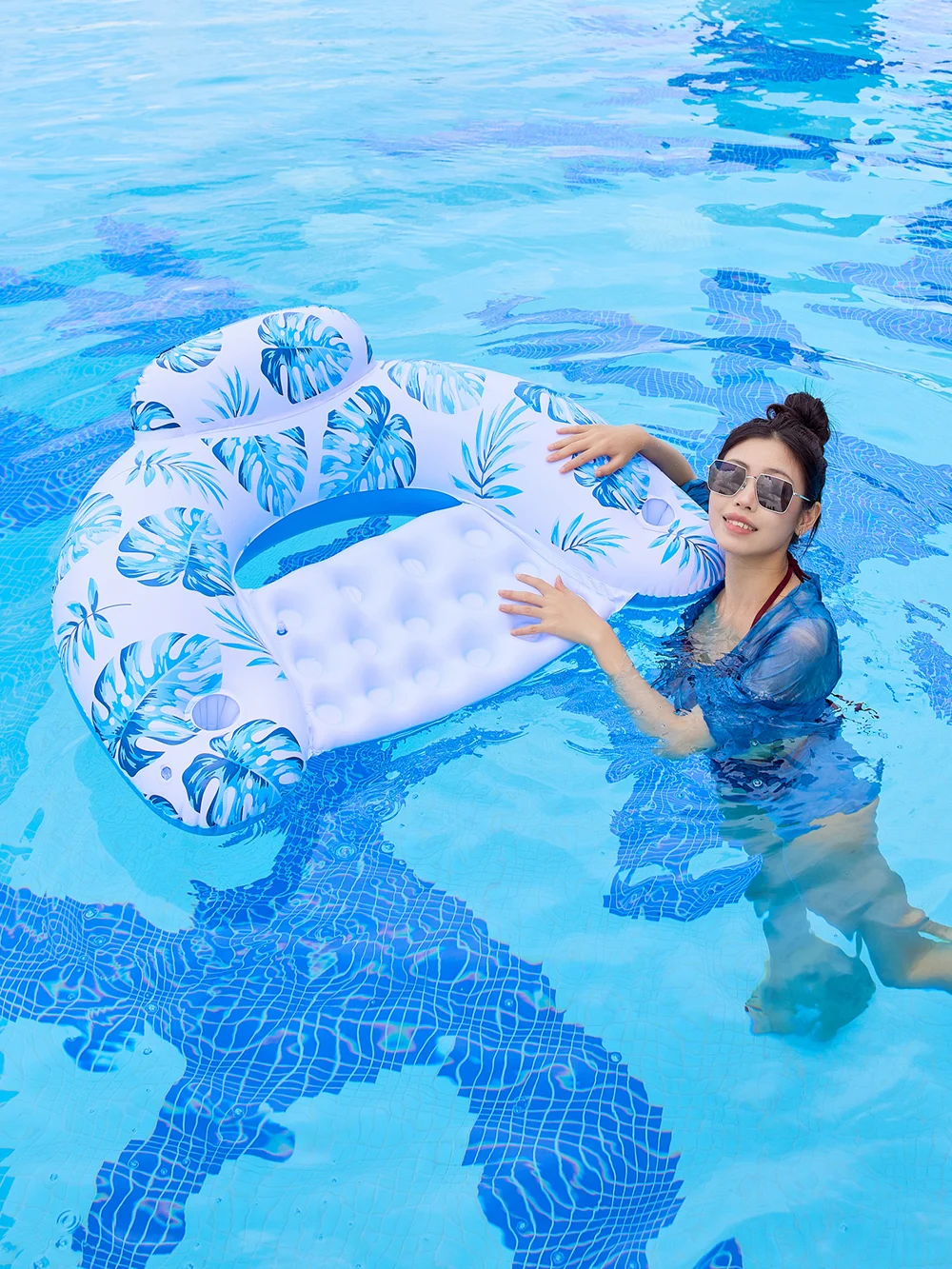 U Shape Swimming Pool Inflatable Lounger Leaves Print Thick PVC Floating Water Sofa - Yellow-Cellmalls