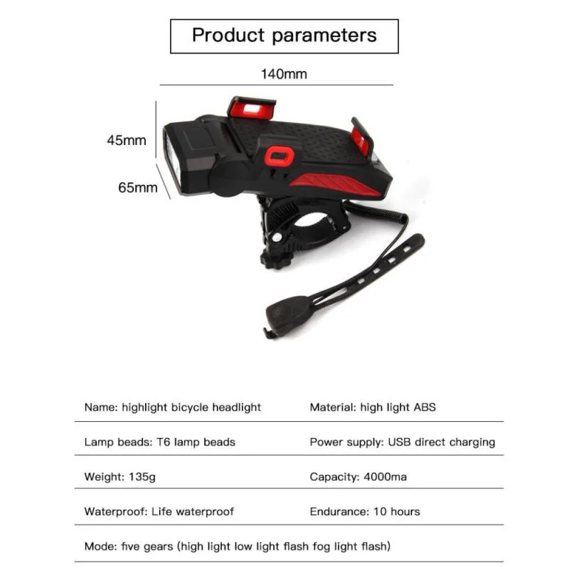 4 in 1 Bicycle Bike Light Bike Horn Phone Holder 4000mAh Power Bank BG-LY-25 - Black-Cellmalls