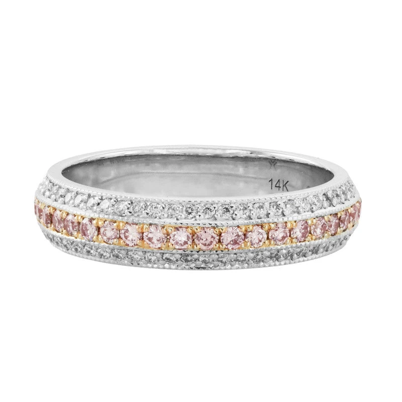 Fancy Light Pink and White Pave Diamond Milgrain Wedding Band